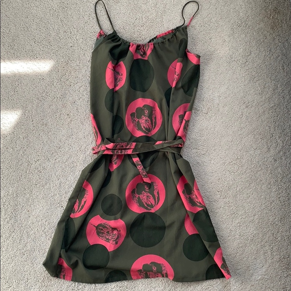 Printed, skinny-strapped, cocktail dress w/tie
